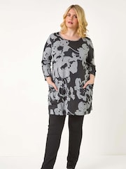 Roman Grey Curve Floral Print Pocket Tunic Top - Image 4 of 5