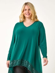 Roman Green Curve Sequin Hem Stretch Top - Image 1 of 5