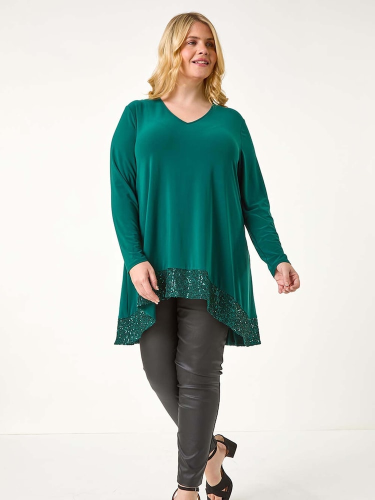 Roman Green Curve Sequin Hem Stretch Top - Image 2 of 5