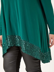 Roman Green Curve Sequin Hem Stretch Top - Image 5 of 5