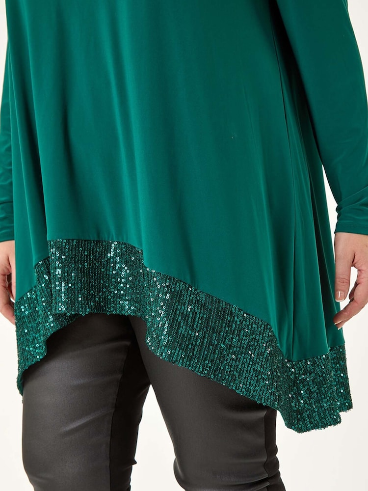 Roman Green Curve Sequin Hem Stretch Top - Image 5 of 5
