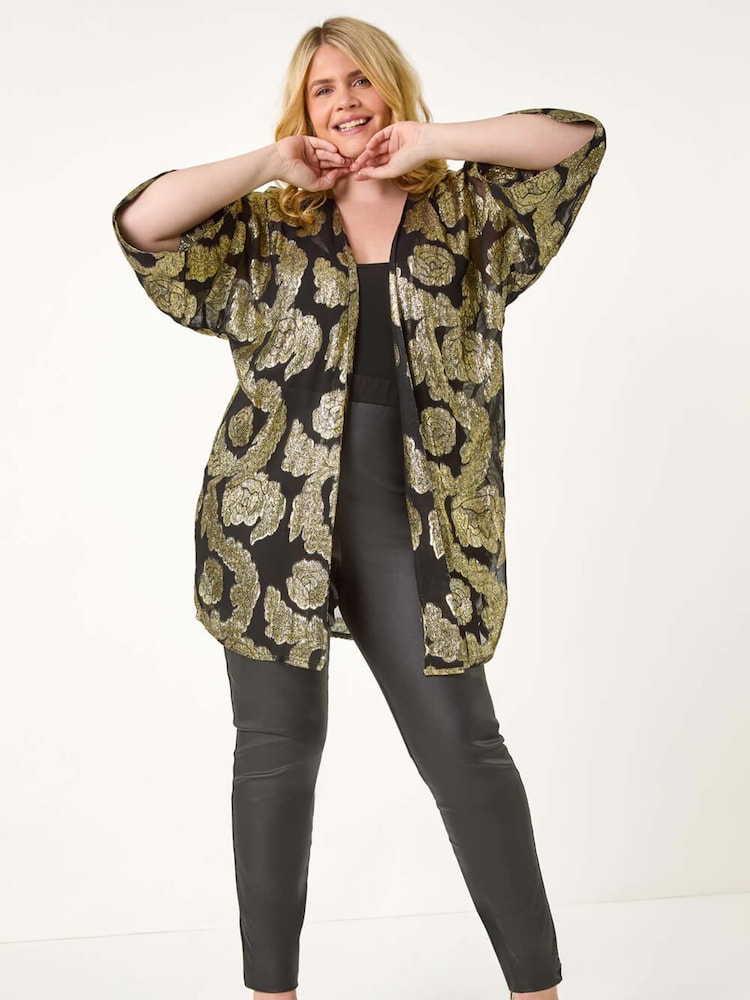 Roman Metallic Curve Floral Print Foil Kimono - Image 2 of 5