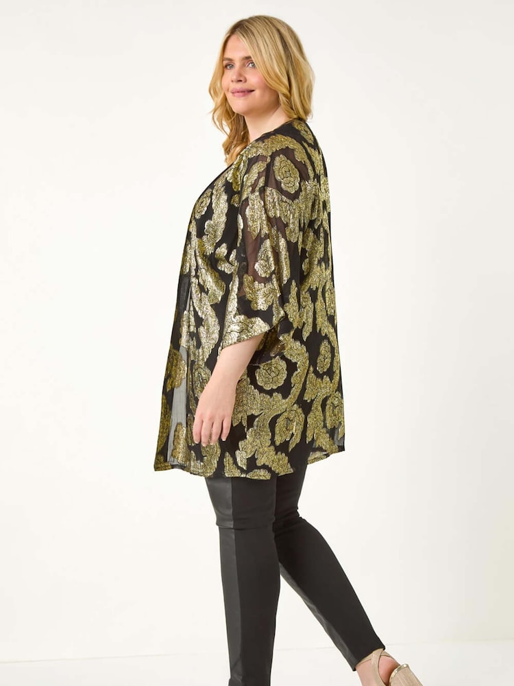 Roman Metallic Curve Floral Print Foil Kimono - Image 3 of 5