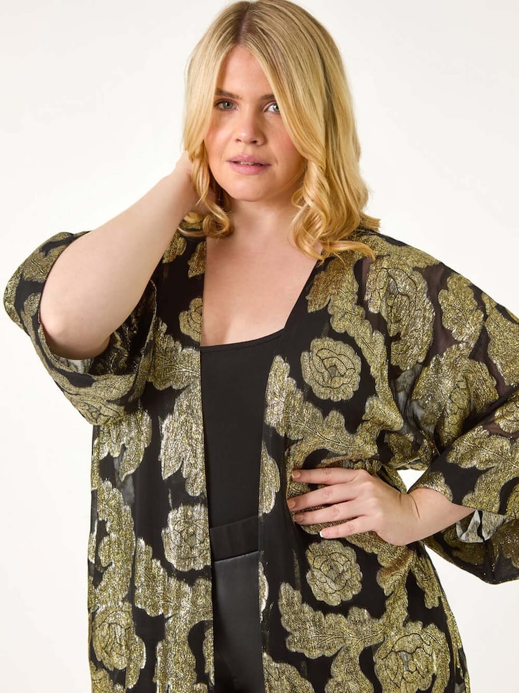 Roman Metallic Curve Floral Print Foil Kimono - Image 4 of 5