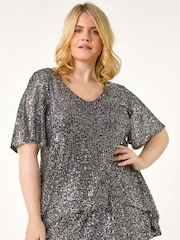 Metalizado - Roman Curve Flare Sleeve Sequin Top - Imagen 1 de 5