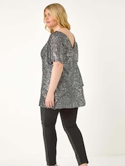 Metalizado - Roman Curve Flare Sleeve Sequin Top - Imagen 3 de 5
