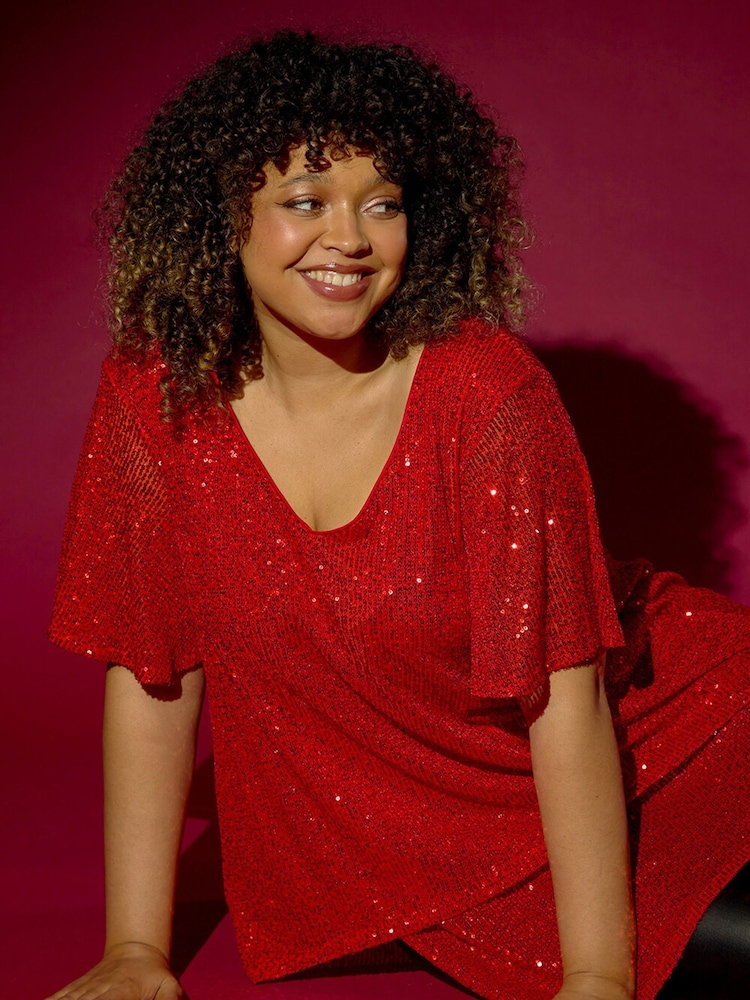 Roman Red Curve Flare Sleeve Sequin Top - Image 1 of 7