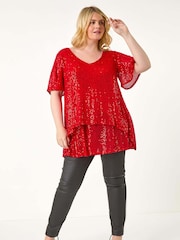 Roman Red Curve Flare Sleeve Sequin Top - Image 4 of 7