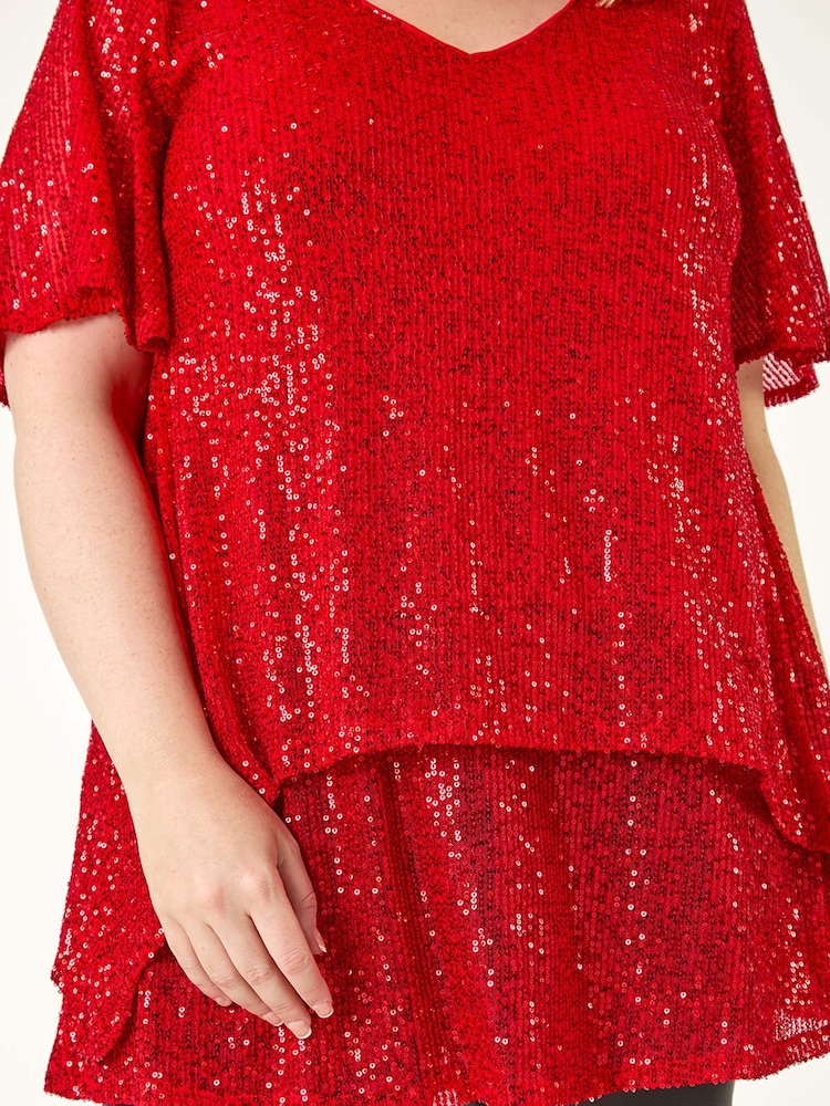 Roman Red Curve Flare Sleeve Sequin Top - Image 7 of 7