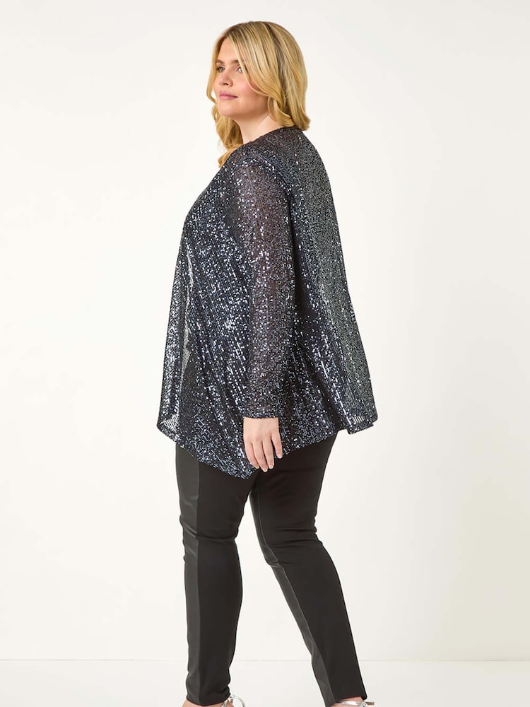 Roman Grey Curve Sequin Waterfall Front Cardigan - Image 2 of 5