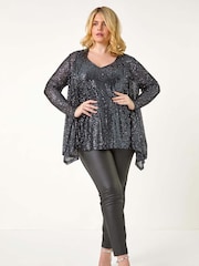 Roman Grey Curve Sequin Waterfall Front Cardigan - Image 3 of 5
