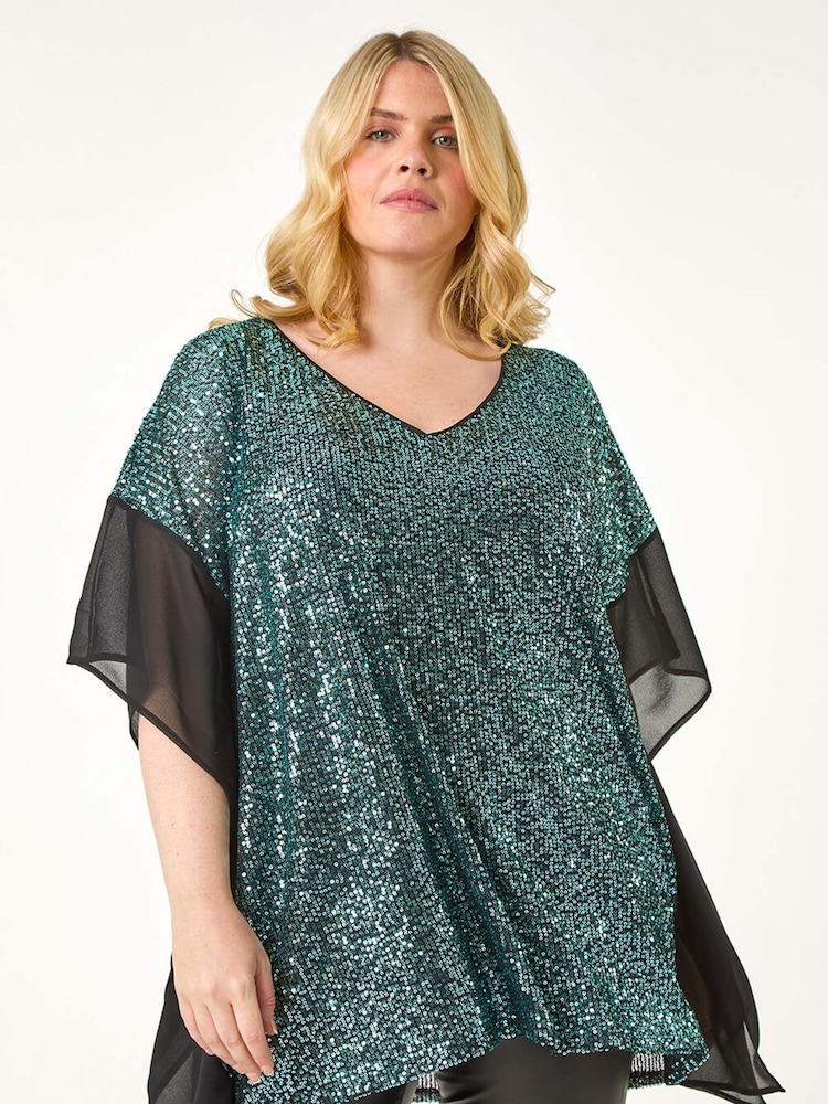 Roman Green Curve Full Sequin Chiffon Overlay Top - Image 2 of 5