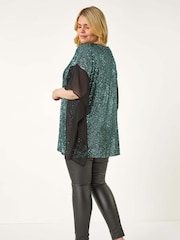 Roman Green Curve Full Sequin Chiffon Overlay Top - Image 3 of 5