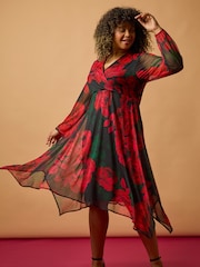 Roman Red Curve Floral Print Wrap Stretch Midi Dress - Image 1 of 8