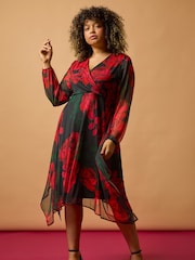 Roman Red Curve Floral Print Wrap Stretch Midi Dress - Image 3 of 8