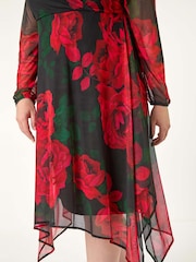 Roman Red Curve Floral Print Wrap Stretch Midi Dress - Image 8 of 8
