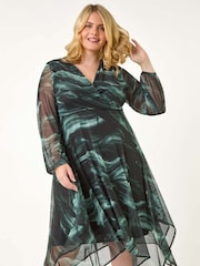 Roman Grey Curve Abstract Print Wrap Stretch Midi Dress - Image 1 of 5