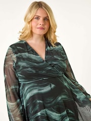 Roman Grey Curve Abstract Print Wrap Stretch Midi Dress - Image 3 of 5