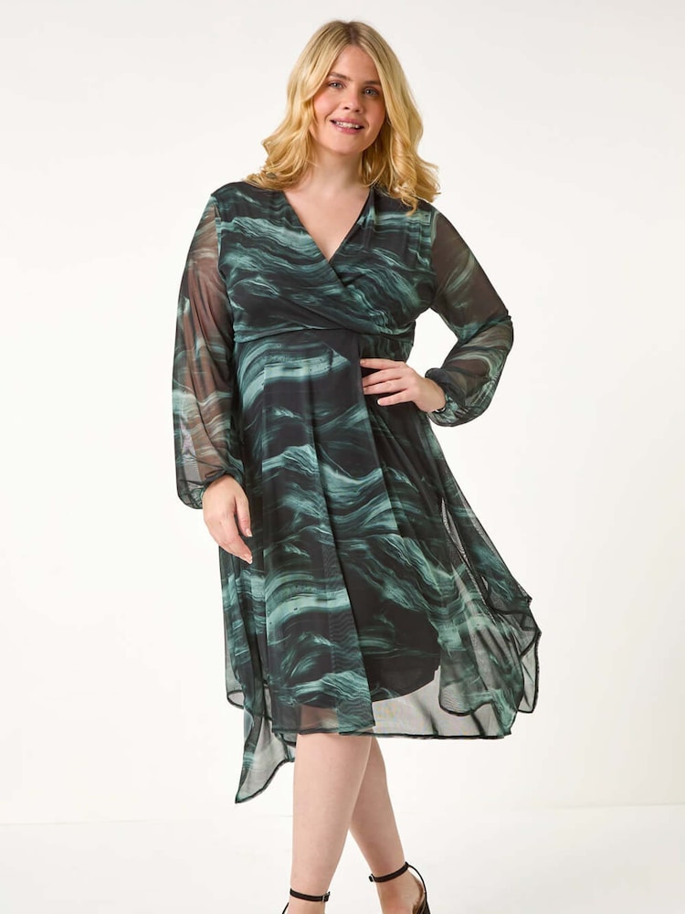 Roman Grey Curve Abstract Print Wrap Stretch Midi Dress - Image 5 of 5