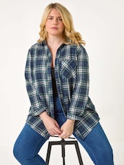 Roman Blue Curve Check Print Button Cotton Shirt - Image 2 of 5