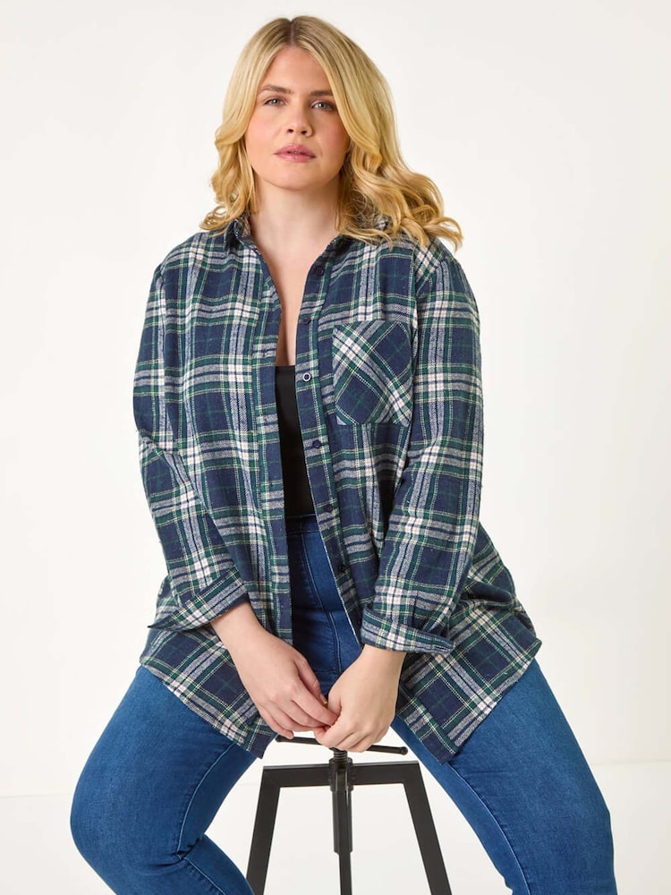 Roman Blue Curve Check Print Button Cotton Shirt - Image 2 of 5