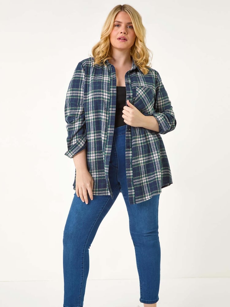 Roman Blue Curve Check Print Button Cotton Shirt - Image 5 of 5