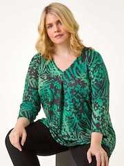 Roman Green Curve Animal Print Pleat Front Top - Image 1 of 5