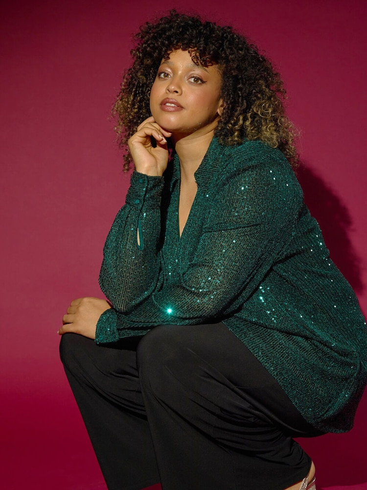 Roman Green Curve Sequin V-Neck Stretch Blouses - Image 2 of 7