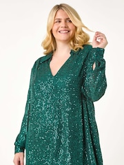 Roman Green Curve Sequin V-Neck Stretch Blouses - Image 3 of 7