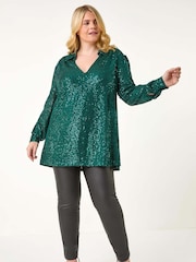 Roman Green Curve Sequin V-Neck Stretch Blouses - Image 4 of 7