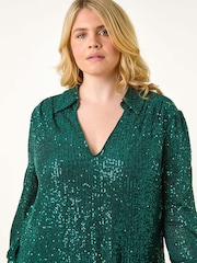 Roman Green Curve Sequin V-Neck Stretch Blouses - Image 6 of 7