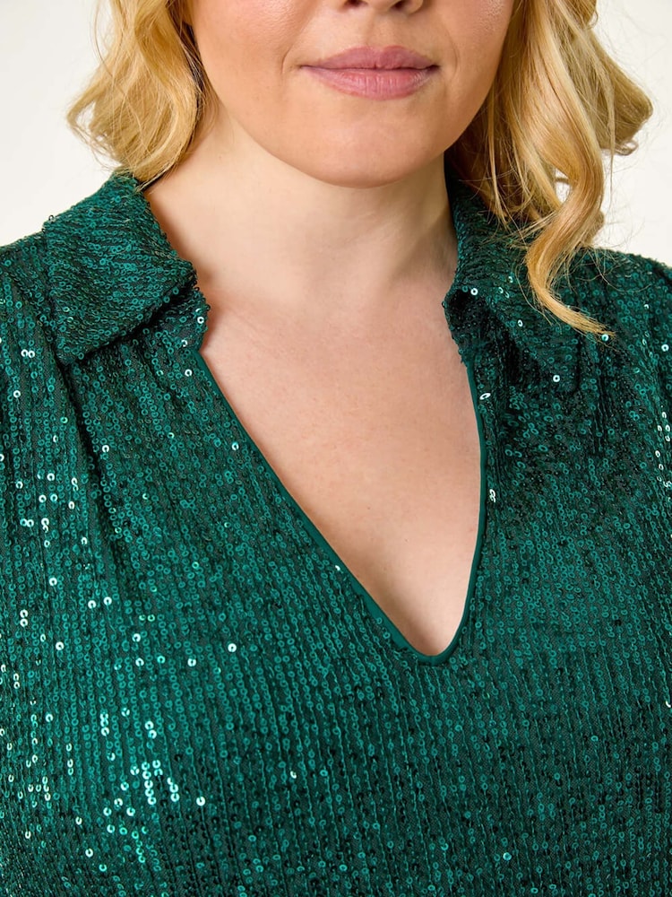Roman Green Curve Sequin V-Neck Stretch Blouses - Image 7 of 7