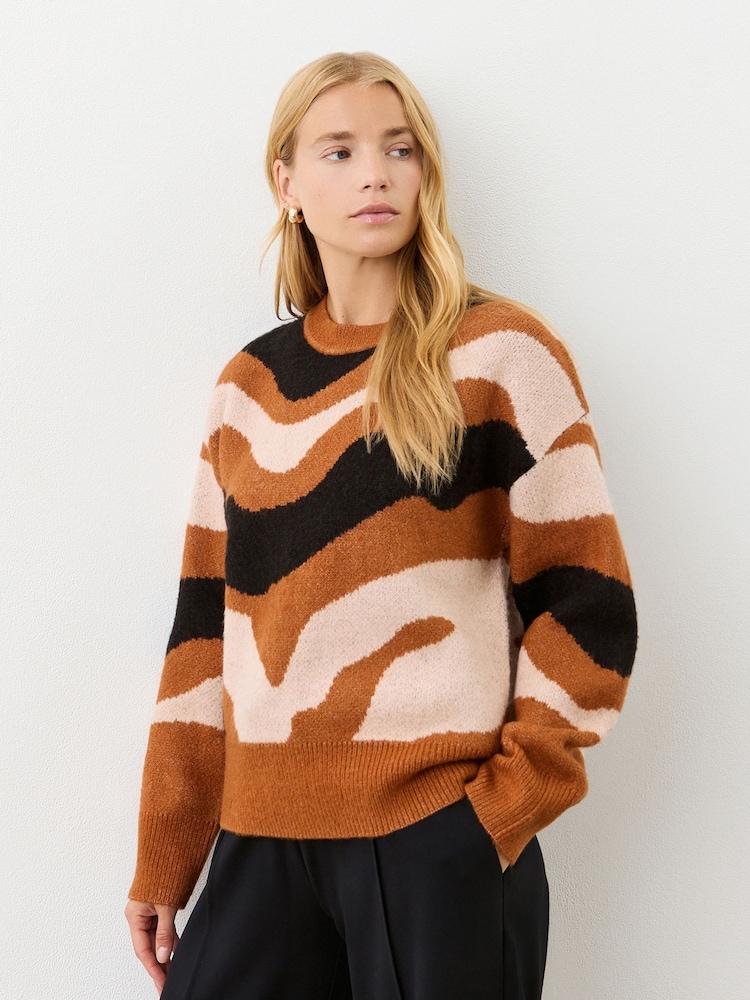 Finery Brown Minnie Brown Abstract Print Knitted Jumper - Image 1 of 4 Finery Brown Minnie Brown Abstract Print Knitted Jumper - Image 1 of 4