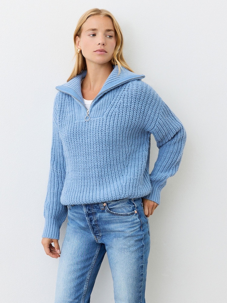 Finery Blue Wilma Denim Blue Half Zip Funnel Neck Jumper - Image 1 of 4 Finery Blue Wilma Denim Blue Half Zip Funnel Neck Jumper - Image 1 of 4