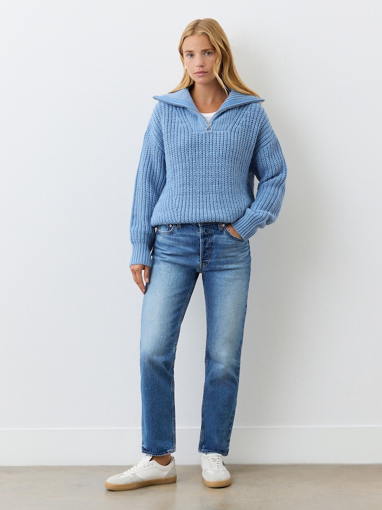 Finery Blue Wilma Denim Blue Half Zip Funnel Neck Jumper - Image 2 of 4 Finery Blue Wilma Denim Blue Half Zip Funnel Neck Jumper - Image 2 of 4