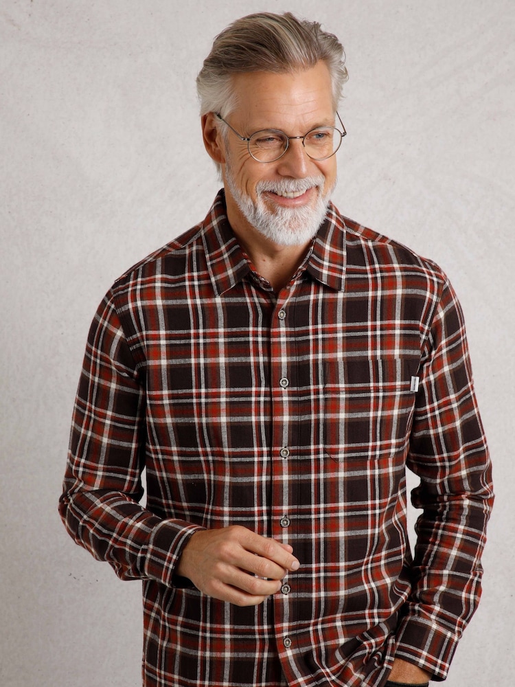 Weird Fish Brown Broxton Long Sleeves Herringbone 100% Organic Cotton Check Shirt - Image 1 of 4