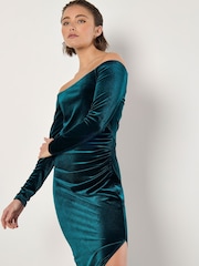 Apricot Green Bardot Velvet Midi Dress - Image 1 of 5