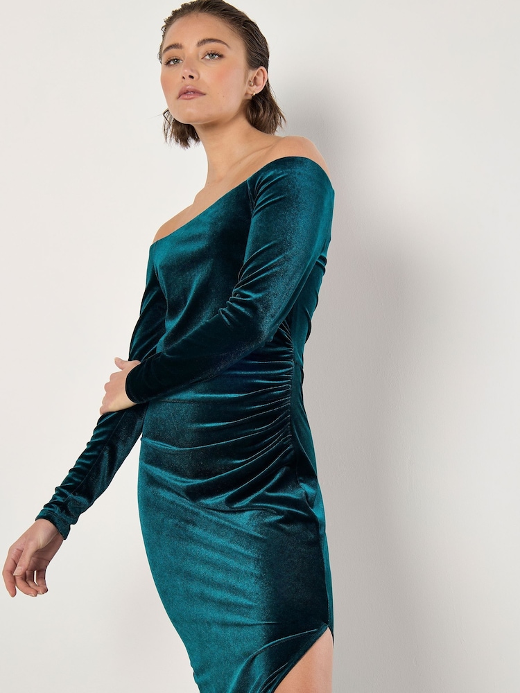 Apricot Green Bardot Velvet Midi Dress - Image 1 of 5 Apricot Green Bardot Velvet Midi Dress - Image 1 of 5