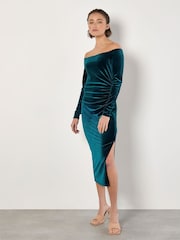 Apricot Green Bardot Velvet Midi Dress - Image 2 of 5