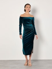 Apricot Green Bardot Velvet Midi Dress - Image 3 of 5