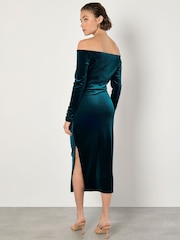 Apricot Green Bardot Velvet Midi Dress - Image 4 of 5