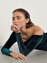 Apricot Green Bardot Velvet Midi Dress - Image 5 of 5