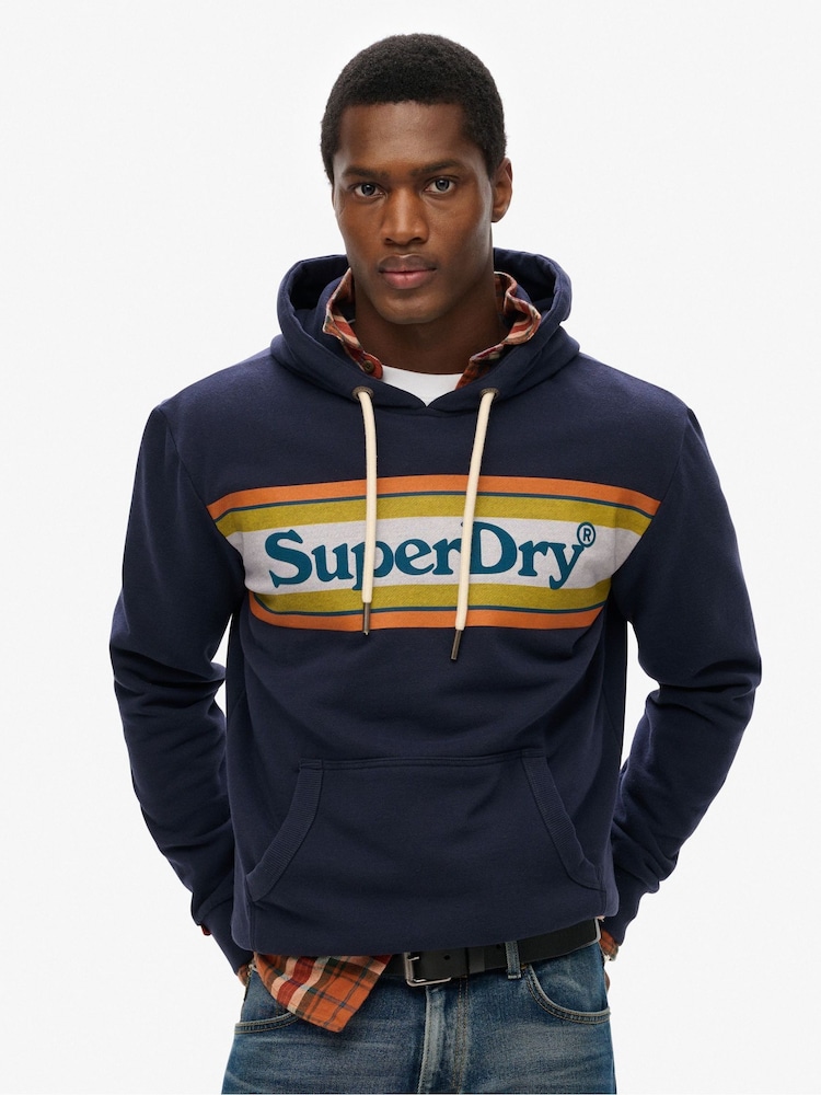 Superdry Blue Venue Logo Stripe Relaxed Hoodie - Image 1 of 5