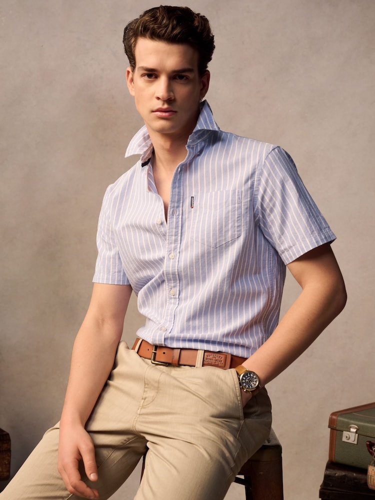 Superdry Blue Oxford Short Sleeve 100% Cotton Shirt - Image 1 of 7 Superdry Blue Oxford Short Sleeve 100% Cotton Shirt - Image 1 of 7