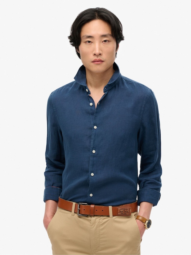 Superdry Blue Dark Vacation Long Sleeve 100% Linen Shirt - Image 1 of 4