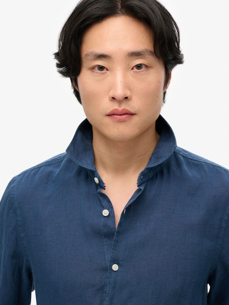Superdry Blue Dark Vacation Long Sleeve 100% Linen Shirt - Image 2 of 4