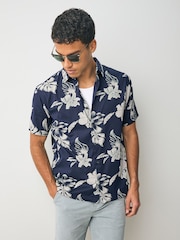 Superdry Blue Dark Hawaiian Print Shirt - Image 1 of 6