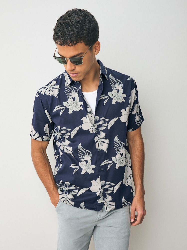 Superdry Blue Dark Hawaiian Print Shirt - Image 1 of 6