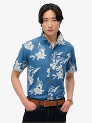 Superdry Blue Vintage Loom Short Sleeve 100% Cotton Shirt - Image 1 of 4