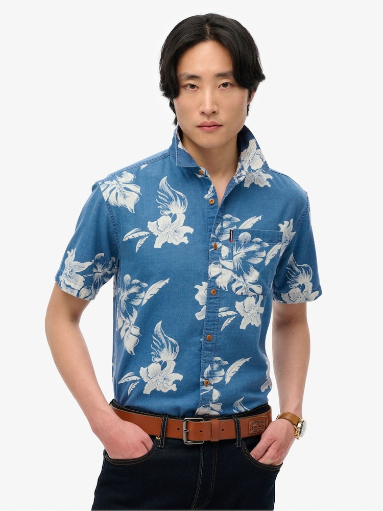 Superdry Blue Vintage Loom Short Sleeve 100% Cotton Shirt - Image 1 of 4
